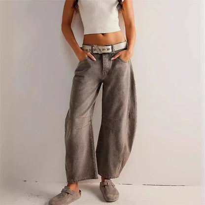 Jeans in denim stile americano vintage da donna, nuovi pantaloni dritti con cuciture al ginocchio, pantaloni casual larghi a vita media da pendolare