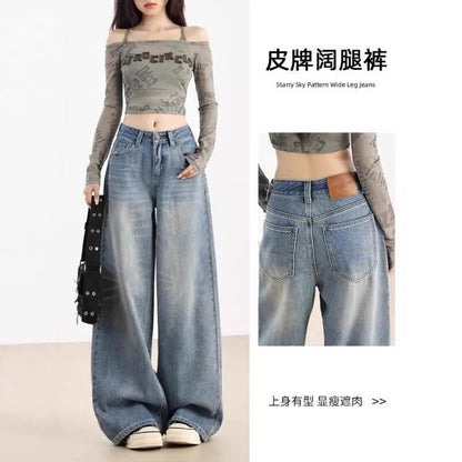 Pantaloni larghi drappeggiati per ragazza, jeans azzurri chiari, pantaloni larghi e versatili per il tempo libero, pantaloni dritti primaverili e autunnali per studentesse