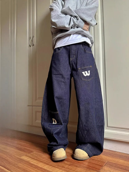 2025 Cyber Y2K Fashion Letter Print Dark Blue Baggy Jeans Pants For Women Clothing Wide Leg Hip Hop Straight Lady Denim Trousers
