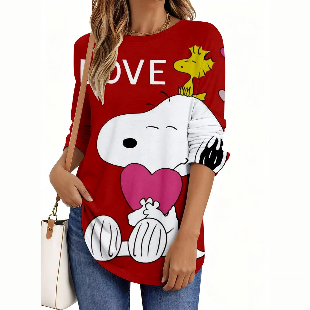 Fashion Snoopy Cartoon Series Women O-Neck Long Sleeve T-Shirt Casual Polyester Breathable Women's Clothing Apparel Tops Tees