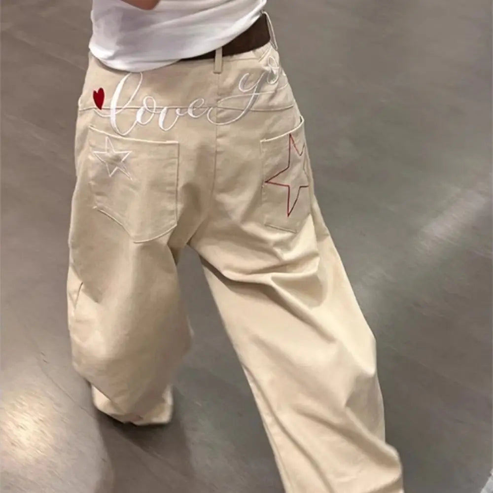 Fashion High Waist Denim Jeans Baggy Loose Star Jeans Women Y2k Retro Wide Leg Casual Pants Lady