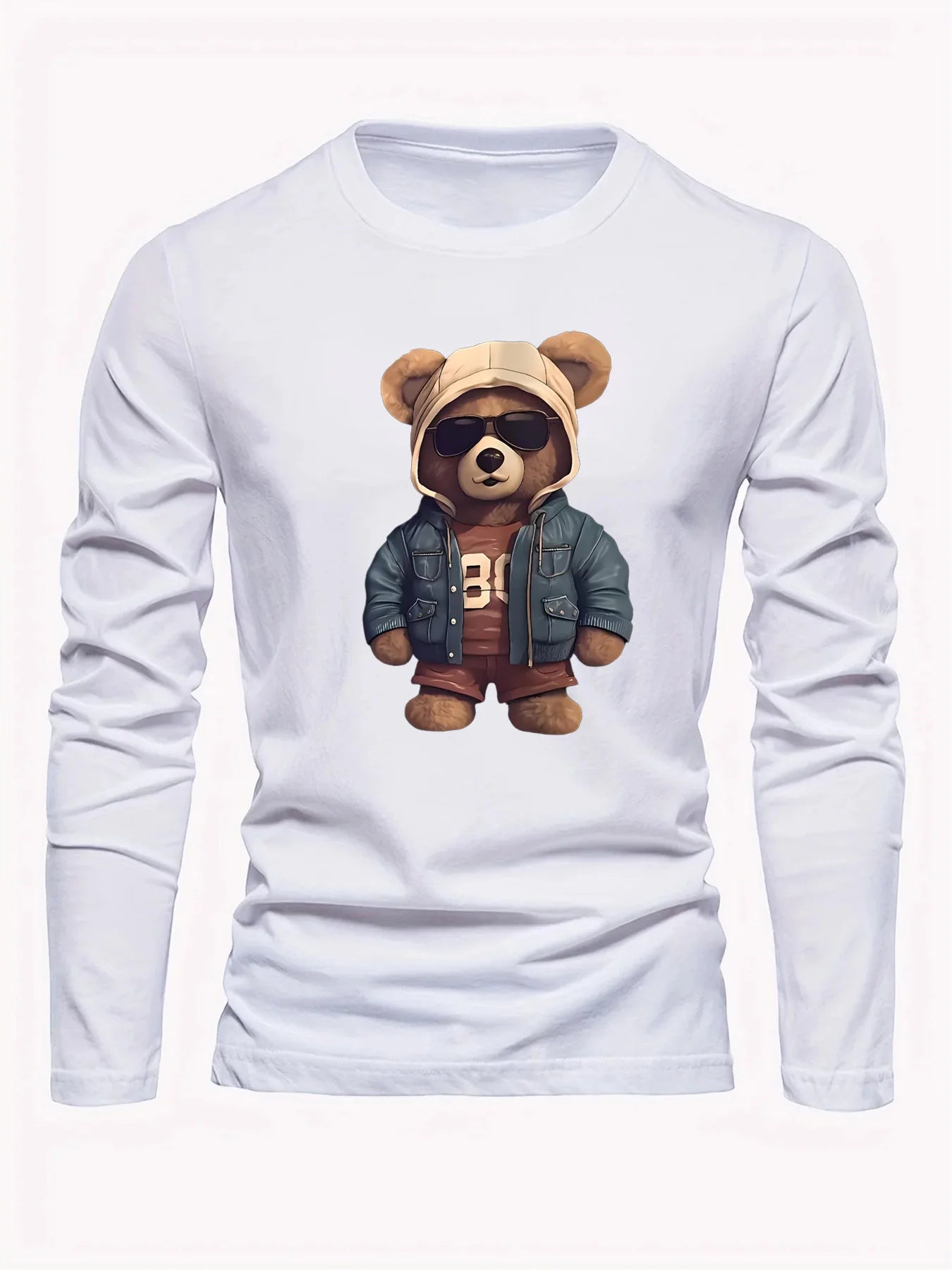 100 cotton men's casual long sleeved round neck loose bear pattern printed autumn and winter T-shirt top versatile