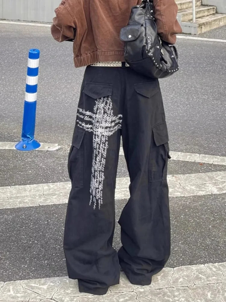 Pantaloni cargo larghi neri con stampa di lettere Cyber Y2K alla moda 2025 per donna, abbigliamento dritto in cotone, pantaloni lunghi, Ropa Mujer