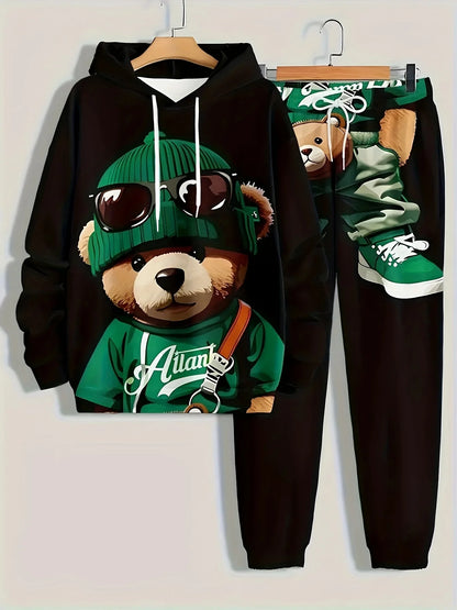 Il nuovo set di felpe con cappuccio da uomo per la primavera e l'autunno 2025 è una collezione streetwear casual e alla moda con stampe di orsi