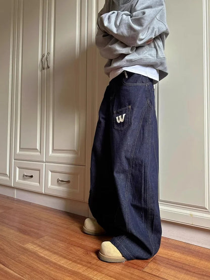 2025 Cyber Y2K Fashion Letter Print Dark Blue Baggy Jeans Pants For Women Clothing Wide Leg Hip Hop Straight Lady Denim Trousers
