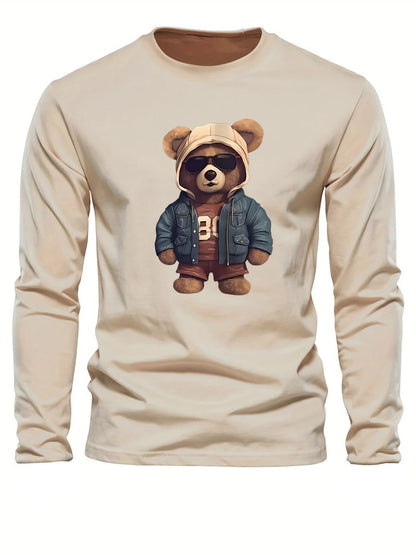 100 cotton men's casual long sleeved round neck loose bear pattern printed autumn and winter T-shirt top versatile