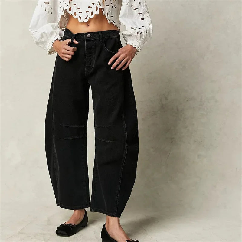 Jeans in denim stile americano vintage da donna, nuovi pantaloni dritti con cuciture al ginocchio, pantaloni casual larghi a vita media da pendolare