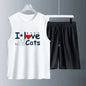 Men's vest suit Summer sleeveless printed I Love Cats tank  Tops + shorts  sets of men designer clothing Quick drying training