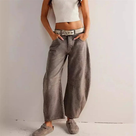 Women Vintage American Style Denim Jeans New Knee Splicing Design Straight Pants Female Commuter Casual Loose Mid Waist Trousers