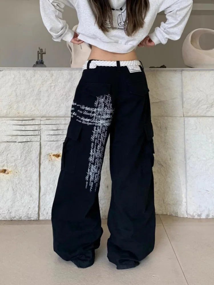 Pantaloni cargo larghi neri con stampa di lettere Cyber Y2K alla moda 2025 per donna, abbigliamento dritto in cotone, pantaloni lunghi, Ropa Mujer