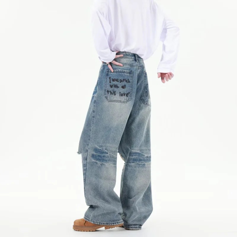 2025 Ropa Y2K Streetwear Washed Blue Baggy Ripped New Jeans Pants For Women Clothing Korean Casual Summer Lady Denim Trousers