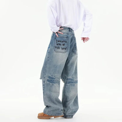 2025 Ropa Y2K Streetwear Washed Blue Baggy Ripped New Jeans Pants For Women Clothing Korean Casual Summer Lady Denim Trousers