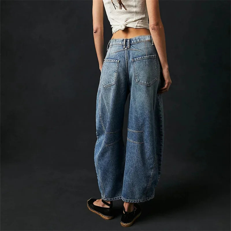 Jeans in denim stile americano vintage da donna, nuovi pantaloni dritti con cuciture al ginocchio, pantaloni casual larghi a vita media da pendolare