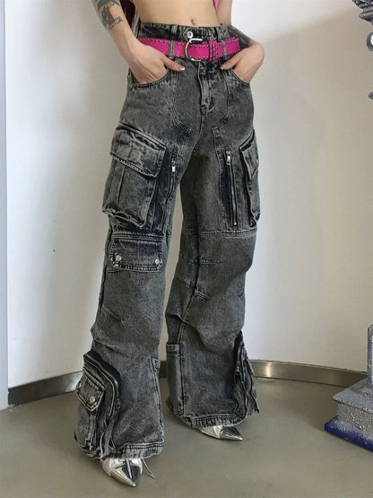 Pantaloni cargo larghi e plissettati grigi vintage stile streetwear Y2K 2000S per donna, multitasche, pantaloni a gamba larga