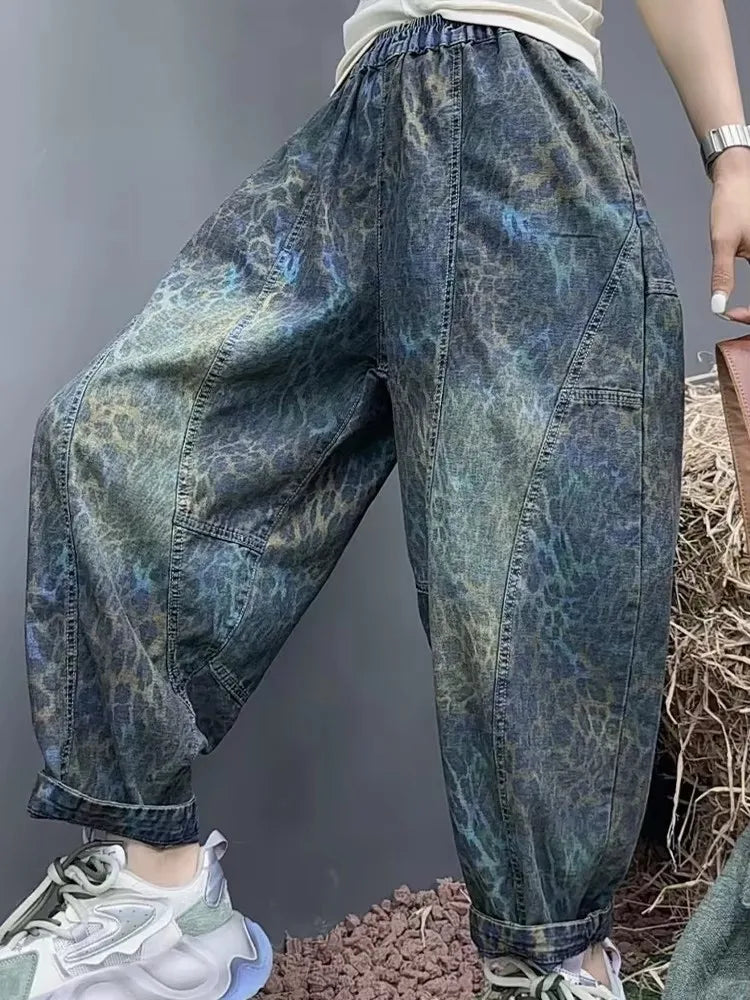Amax luluE Summer Leopard Streetwear Womens Printed Fashion Jeans Loose Vintage Denim Pants Ladies Classic Casual Harem Trousers