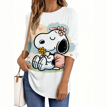 Fashion Snoopy Cartoon Series Women O-Neck Long Sleeve T-Shirt Casual Polyester Breathable Women's Clothing Apparel Tops Tees